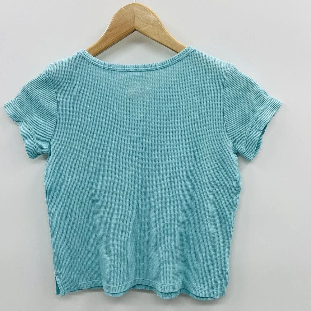 Cat & Jack Girls Small 6/7 Short Sleeve Waffle Henley Shirt‎ Turquoise Blue 1501
